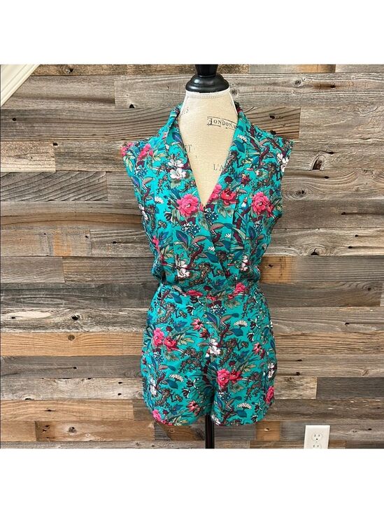ASOS Pants - ASOS Floral Teal Cap Sleeve Romper Size 4